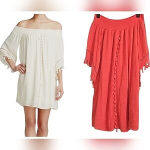 LOVE FIRE Boho Off The Shoulder Tassel Mini Dress In red. Size small